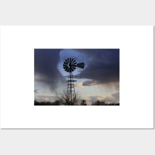 Kansas Windmill Sunset with clouds Posters and Art